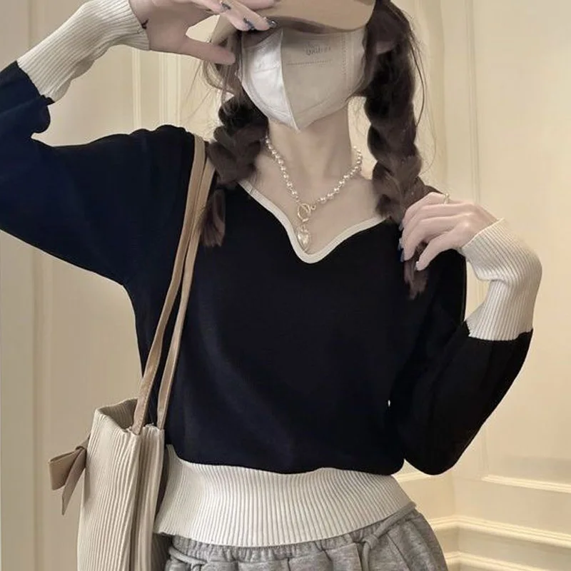 Fashion Color Matching Short Knitting Bottoming Shirt Women New Classic Long Sleeve Slim Autumn Casual All-match Lady Sweaters