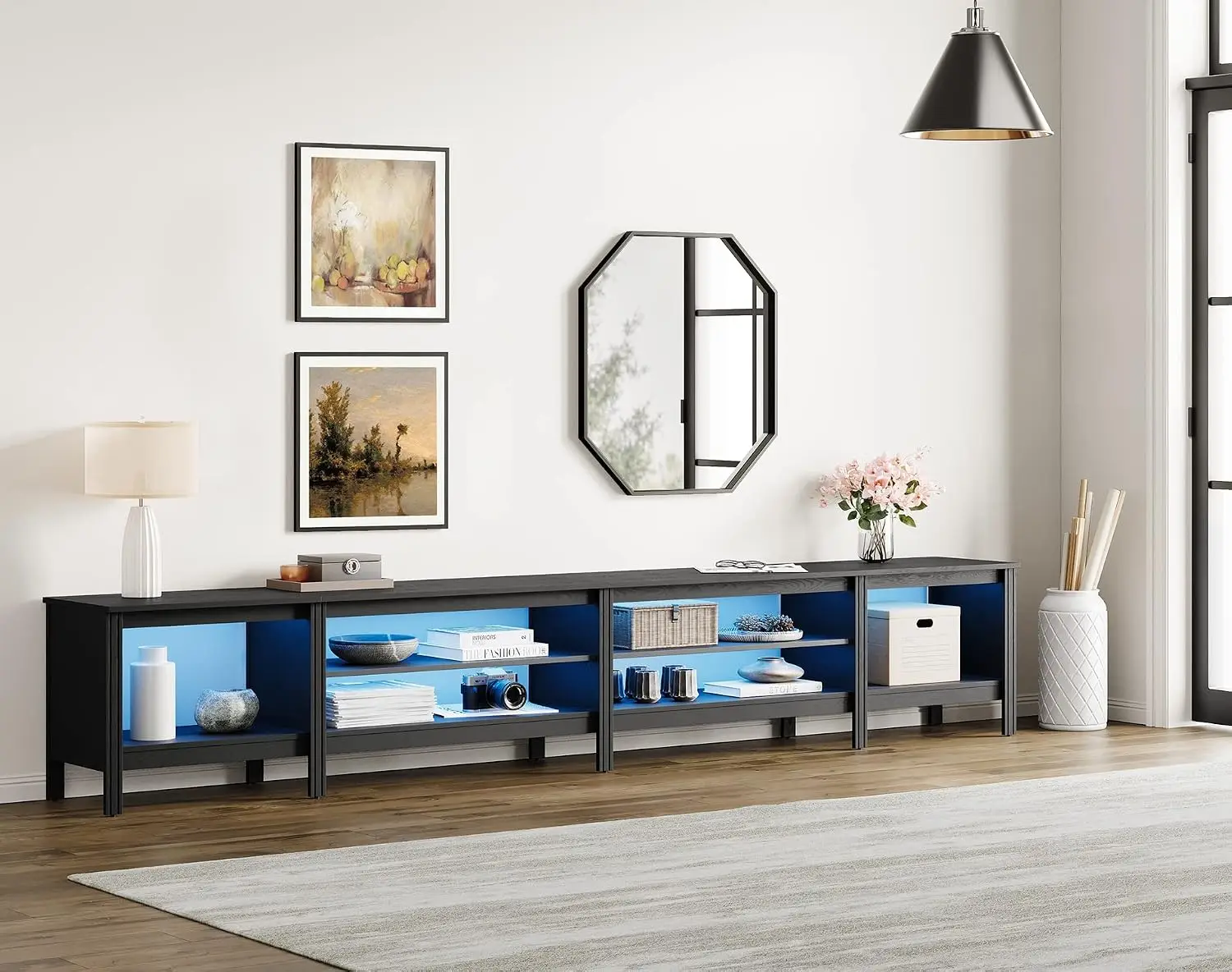 TV Stand Entertainment Center Console Table with LED Lights & 6 Cubby Storage for Living Room Bedroom 95 inch, Customized