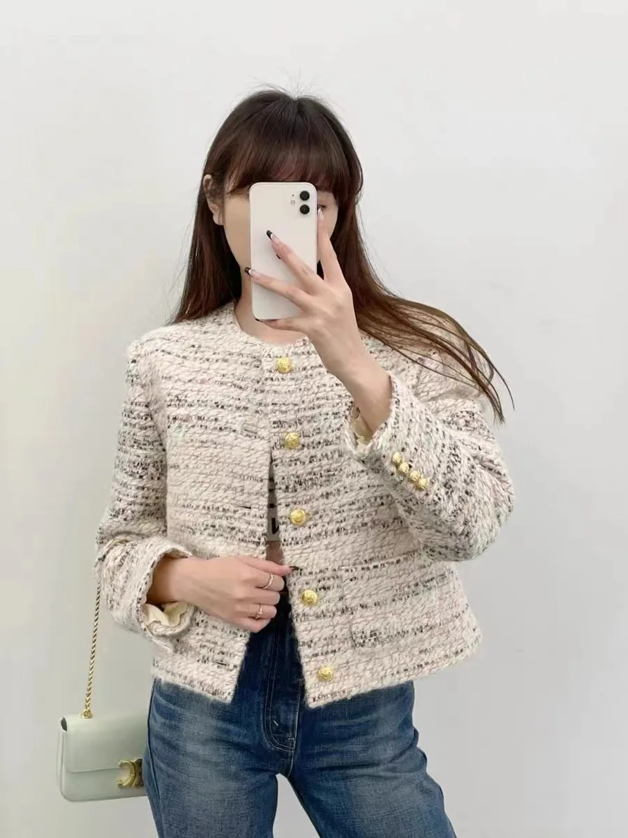 French Variegated Tweed Wool Woven Two Pocket Single Breasted Short Jacket for Women