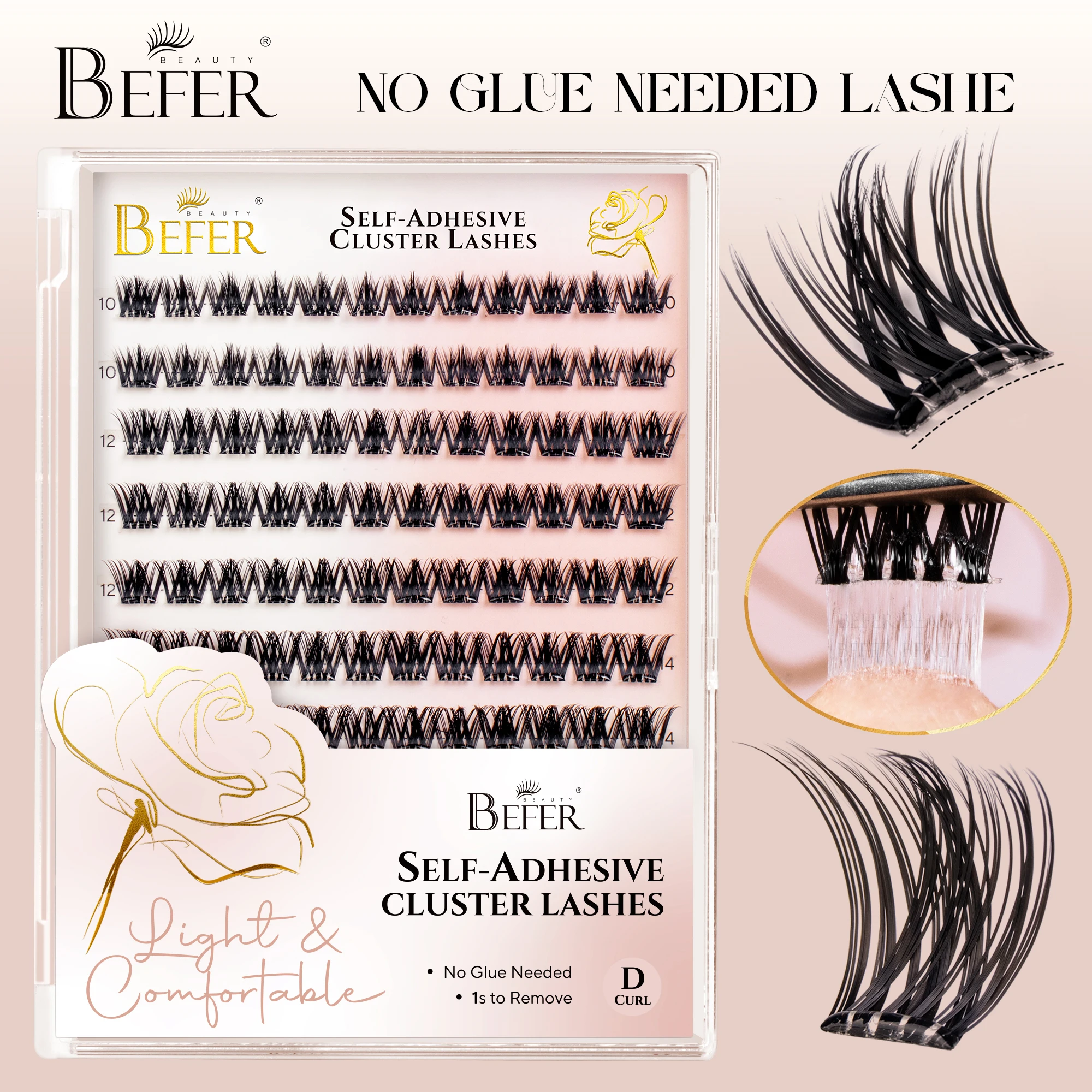 Befer Selbstklebende falsche Wimpern, kleberfreie Wimpernbüschel, Make-up, D-Curl, flauschige, natürliche, weiche Manga-Wimpern für Anfänger, einfach anzuwenden