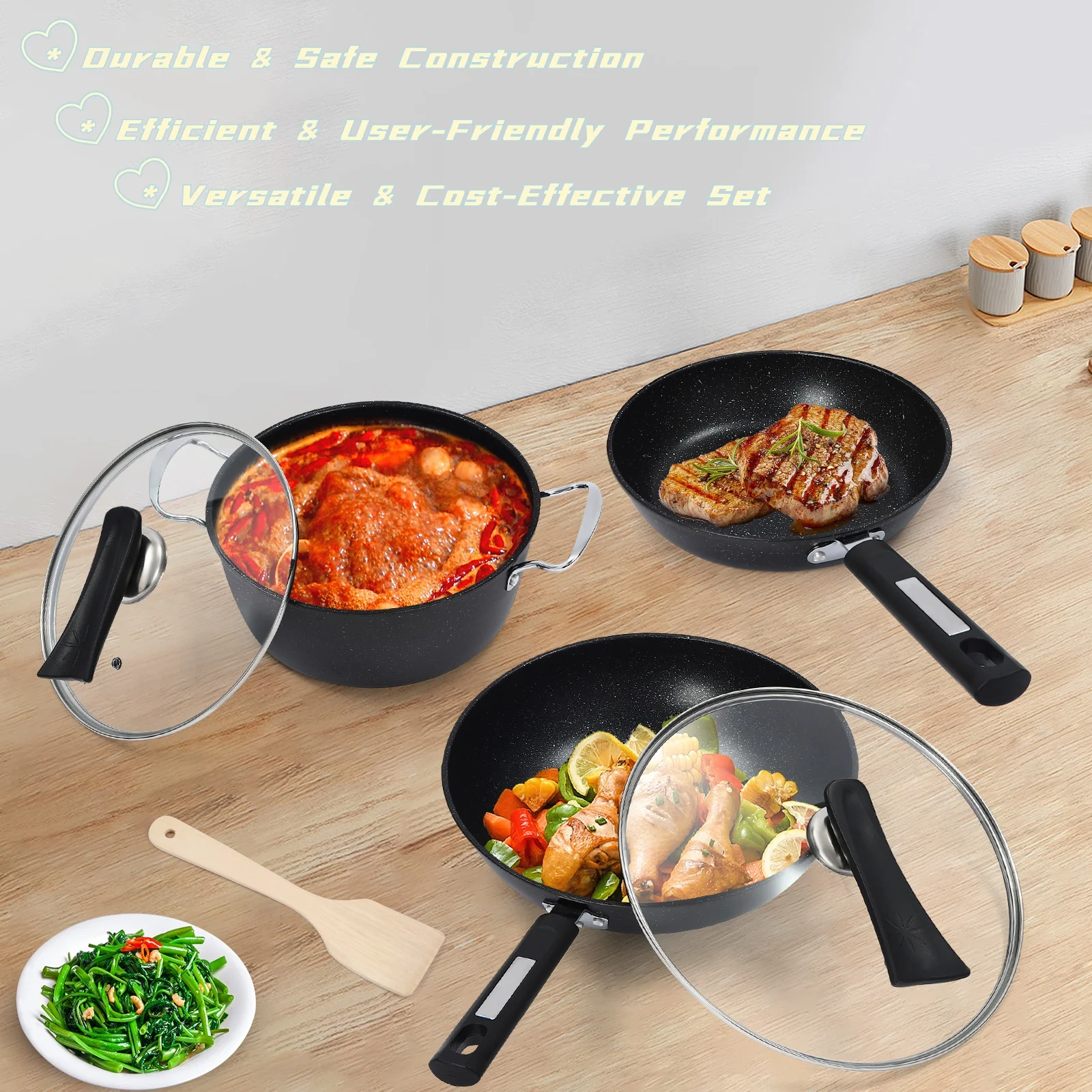 Set Di Padelle, Set Di Padelle Con Rivestimento Antiaderente Con Coperchio (Wok Con Coperchio, Padella, Padella Con Coperchio), Per Stufe A Gas/Induzione