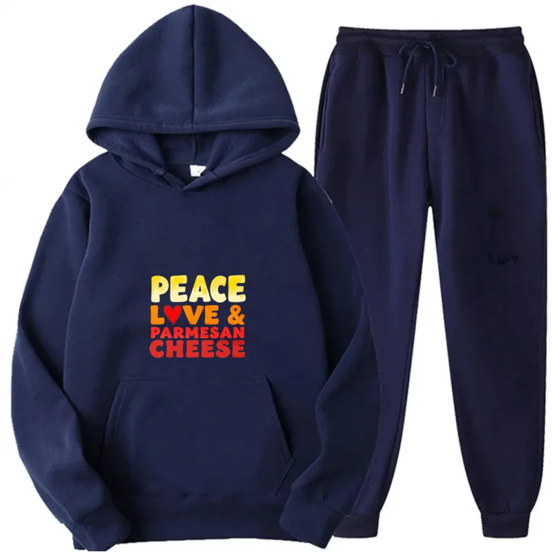 طقم هوديي رمادي سويت شيرت وسروال بنمط مطبوع عليه Peace Love and Parmesan Cheese
