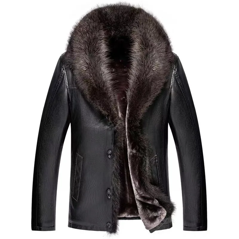 

Haining Genuine For Men, Short Style With Suit American Raccoon Fur Collar, Sheepskin Leather Jacket