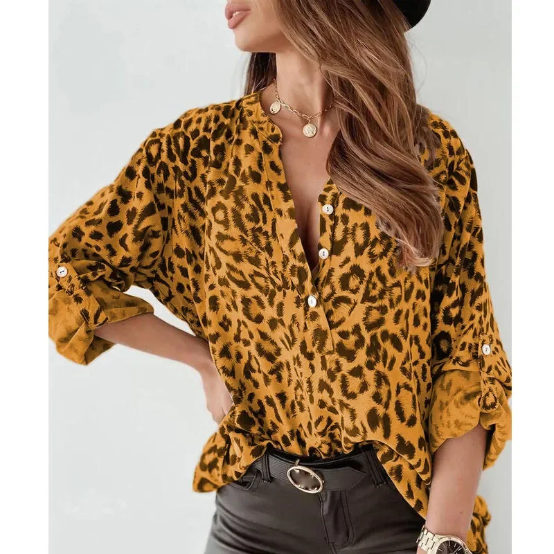 Fashion Leopard Print Women Top Digital Printing Long Sleeve Shirt 2023 Loose V Neck Pullover Blouse Bluzas Femeninas Elegantes