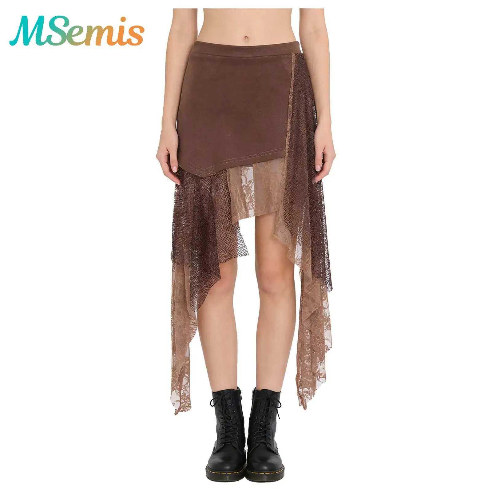 

Womens Irregular Hem Brown Mini Skirt Sheer Mesh And Floral Lace Side Zipper Skirt Y2K Style Spliced Skirt Y2k Clothes Clubwear