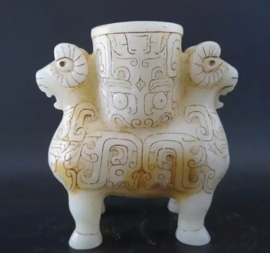 China Antique Han Dynasty Old White Jade sheep Statue vessel 1156g