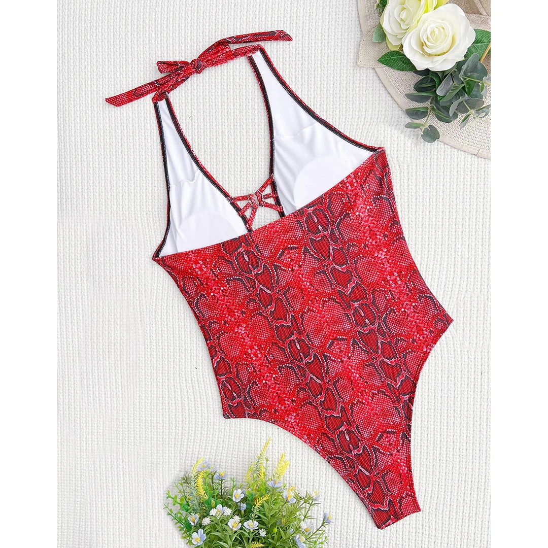 Neuer, aufregender Monokini-Badeanzug für Damen mit Schlangenhautmuster, einteiliger Badeanzug, figurbetonter Schnitt, Badebekleidung, Badeanzug für Damen, V3056. – Detail 34