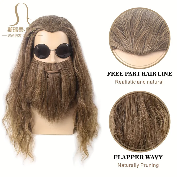 Halloween Cosplay Wig God Wizard Wig Beard Medical Monk Wig Vking Man's Fake Mustache Master Wig Long Curly Hair with Oblique