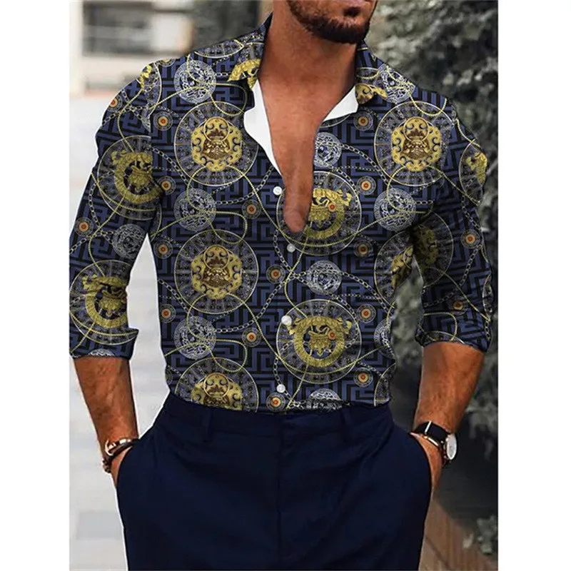 Men's Baroque Style Floral Print Shirt Contrast Collar Long Sleeve Button Up Casual Top
