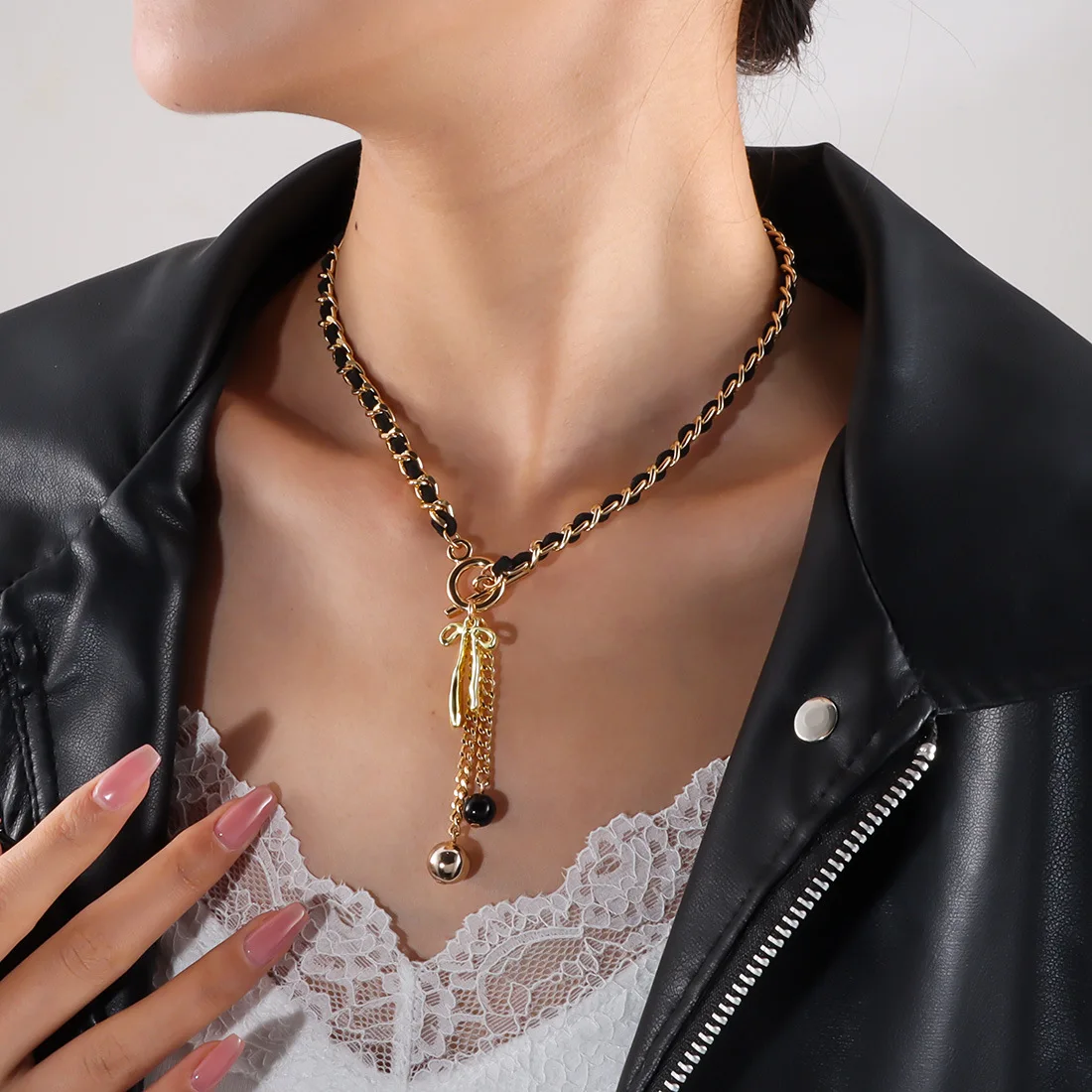 DIY accessories Vintage twisted flannel bow love necklace versatile fringed collarbone chain jewelry NK26850-