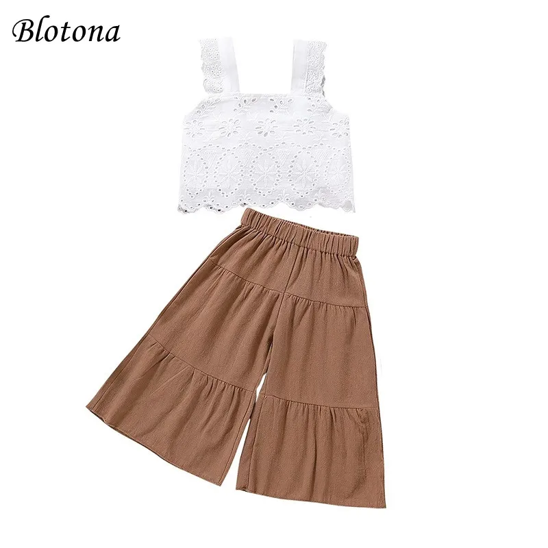 Blotona Baby Kids Girls Two Piece Outfits, Floral Lace Sleeveless Crop Tops Elastic Waist Solid Color Flared Pants 1-5Years