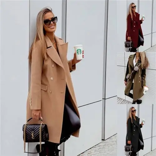 

Winter Long Wool Trench Coat for Women Bla Woolen Jaet Double Breasted Collar Commute Sle Pure Color Faionable