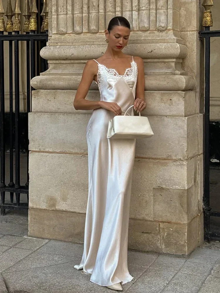 Vestido largo sexi de satén con cuello en V para mujer, vestido elegante de encaje blanco con retazos, sin mangas, sin espalda, vestido largo ajustado, vestidos de fiesta de noche elegantes
