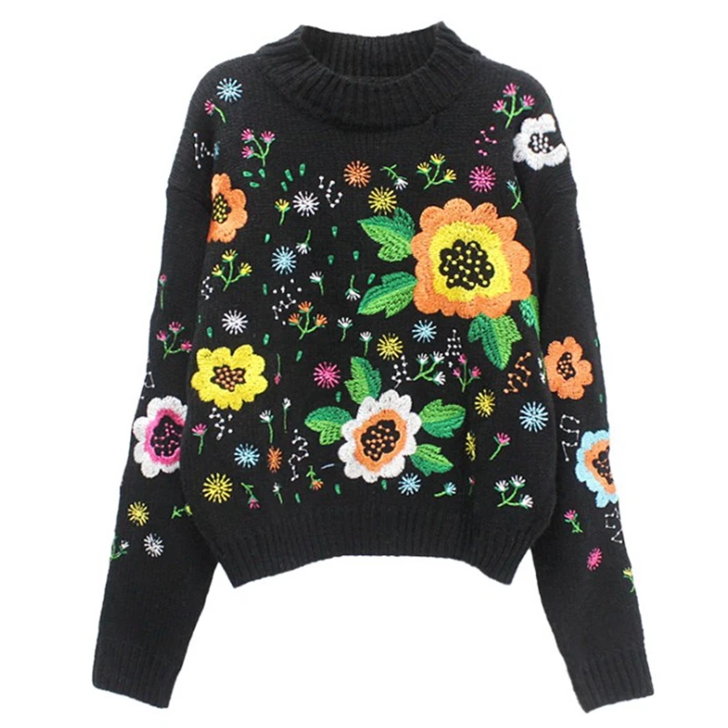 Autumn Winter Luxury Runway Fashion Knitted Sweaters Long Sleeve Floral  Embroidered Casual Pullover tops Female