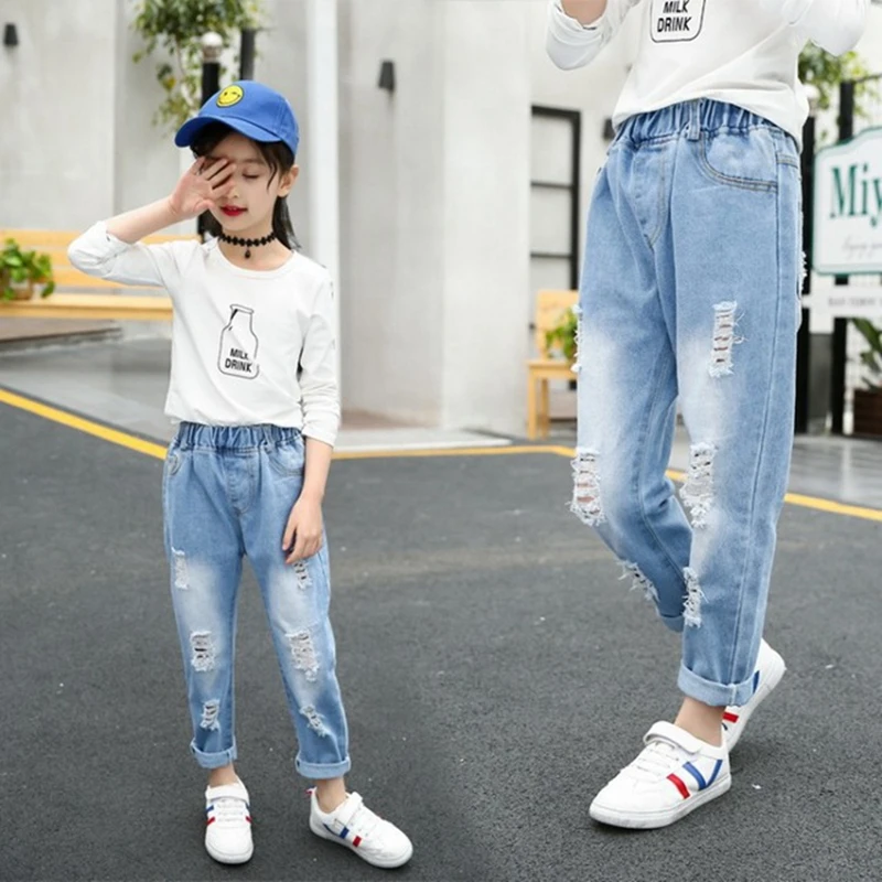 Teenage Girls Ripped Jeans Autumn Girls Pants for Girls Hole Pencil Pants 12 14 Y Student Children Casual Jeans Kids Trousers