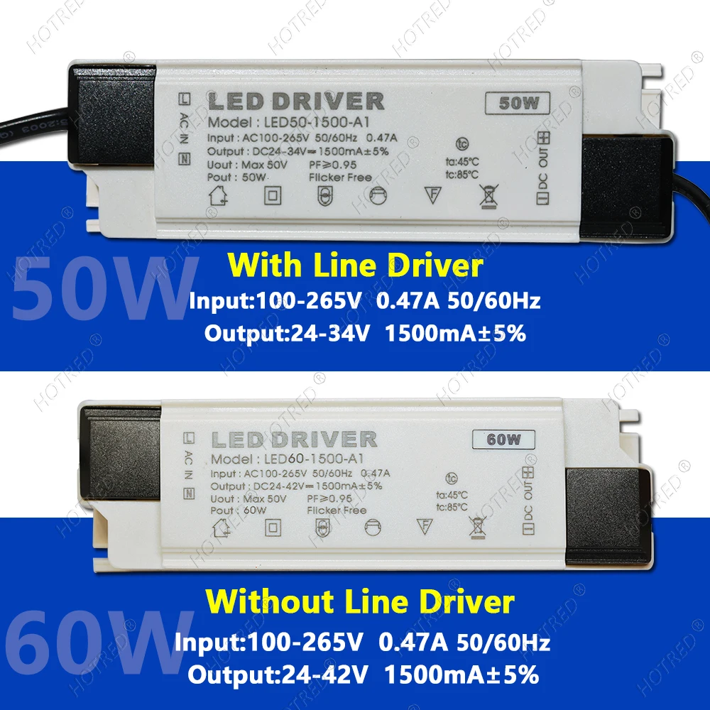 110V 220V 50W 60W LED Driver High PF ≥0.95 Constant Current External Power Supply DC24-42V DC24-34V 1500mA Flicker Free Lifud