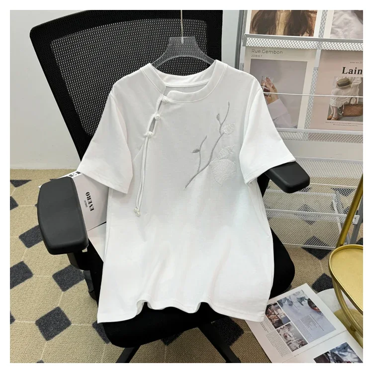 

Cotton Casual Women's T-shirt Summer New Solid Tees Short Sleeve Loose O-neck Korean Clothing Sales Embroidery Women Tops