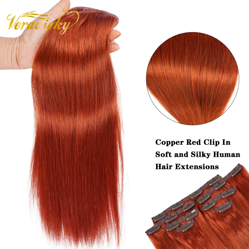 Veravicky #350 Copper Red Double Weft Brazilian 100% Real Human Hair Clips On Hairpieces Full Head Clip Hair for Thin Hair