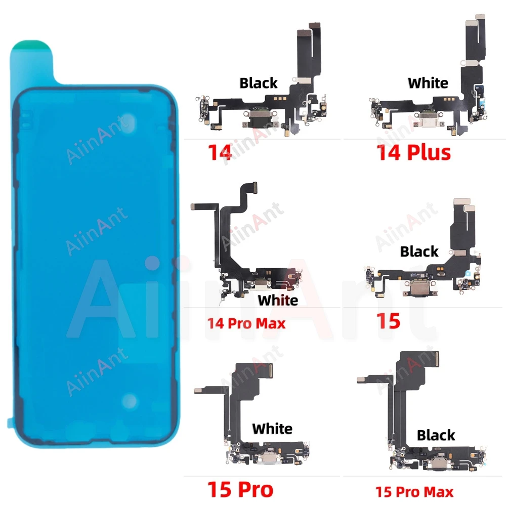 Waterproof Sticker + Flex For iPhone 15 14 Pro Max Plus mini Bottom USB Mic Dock Charger Connector Charging Port Flex Cable