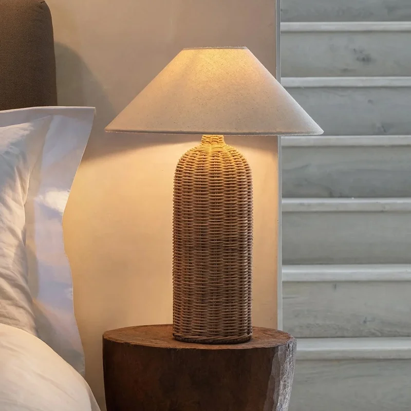 Wabi-sabi table lamp Hotel design living room bedroom rattan fabric lampshade Bedside lamps