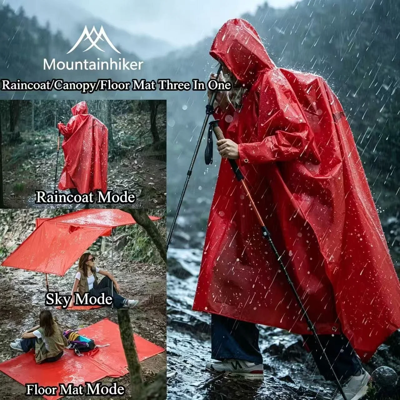 Mountainhiker 3In1 Raincoat by  Ultra Light Portable Waterproof Rainwear Foldable Hooded Poncho for Outdoor Adventure Commuting
