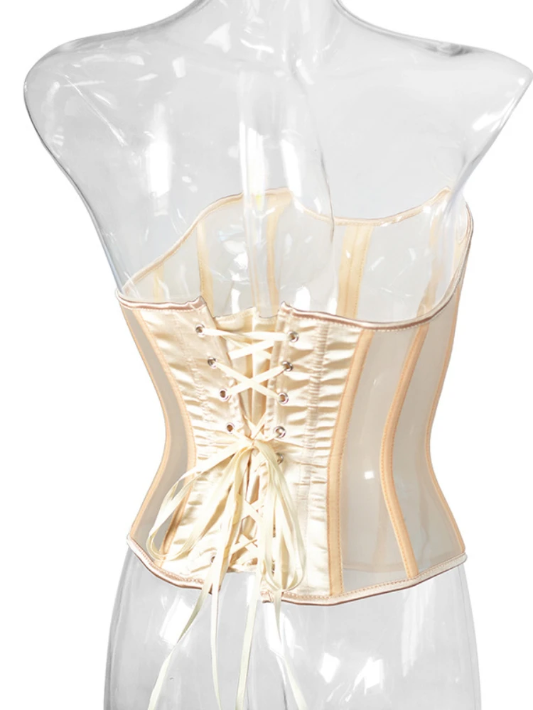 Women Abdomen Corset Crops Over Bust Gather Breast Slimm Waist Girdles Tight Tops Transparent Mesh Shaper Bones Push Up Bodys