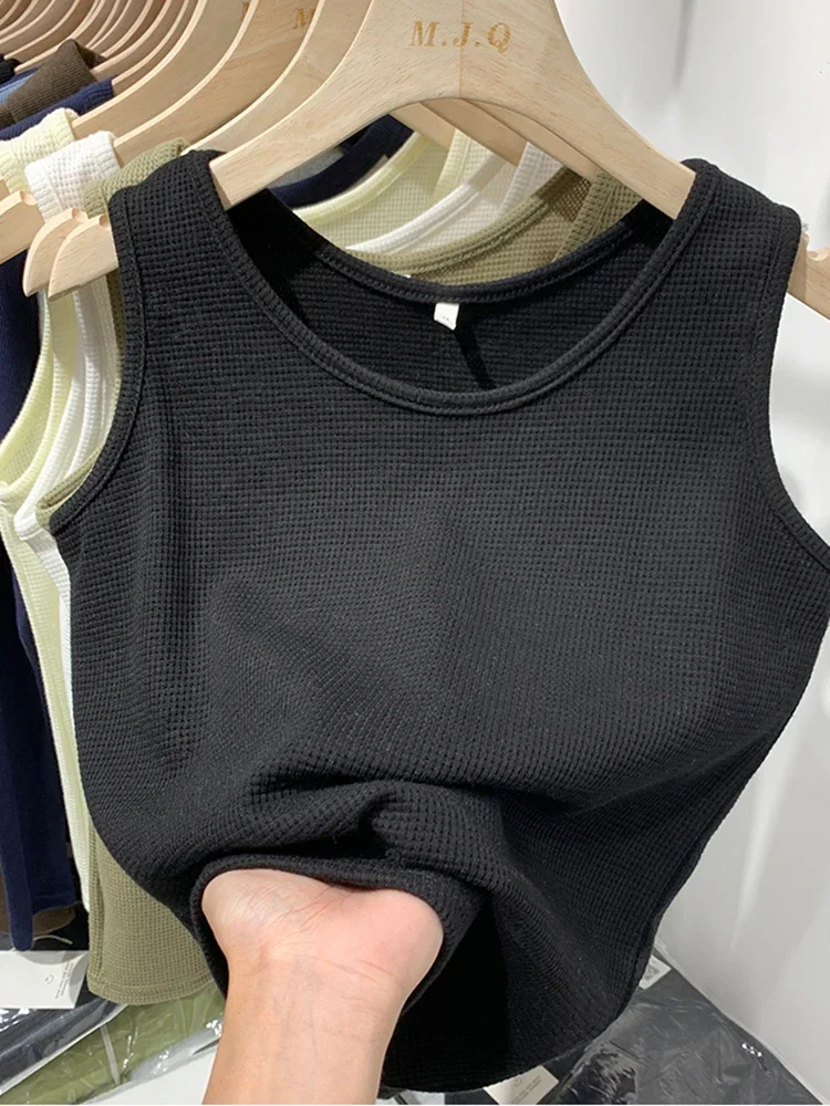 

Pop Women Summer Sleeveless Tank Tops Screw Thread Crop Top O-neck Slimfit Knitted Vest Female Solid Camis Cropped Streetwear