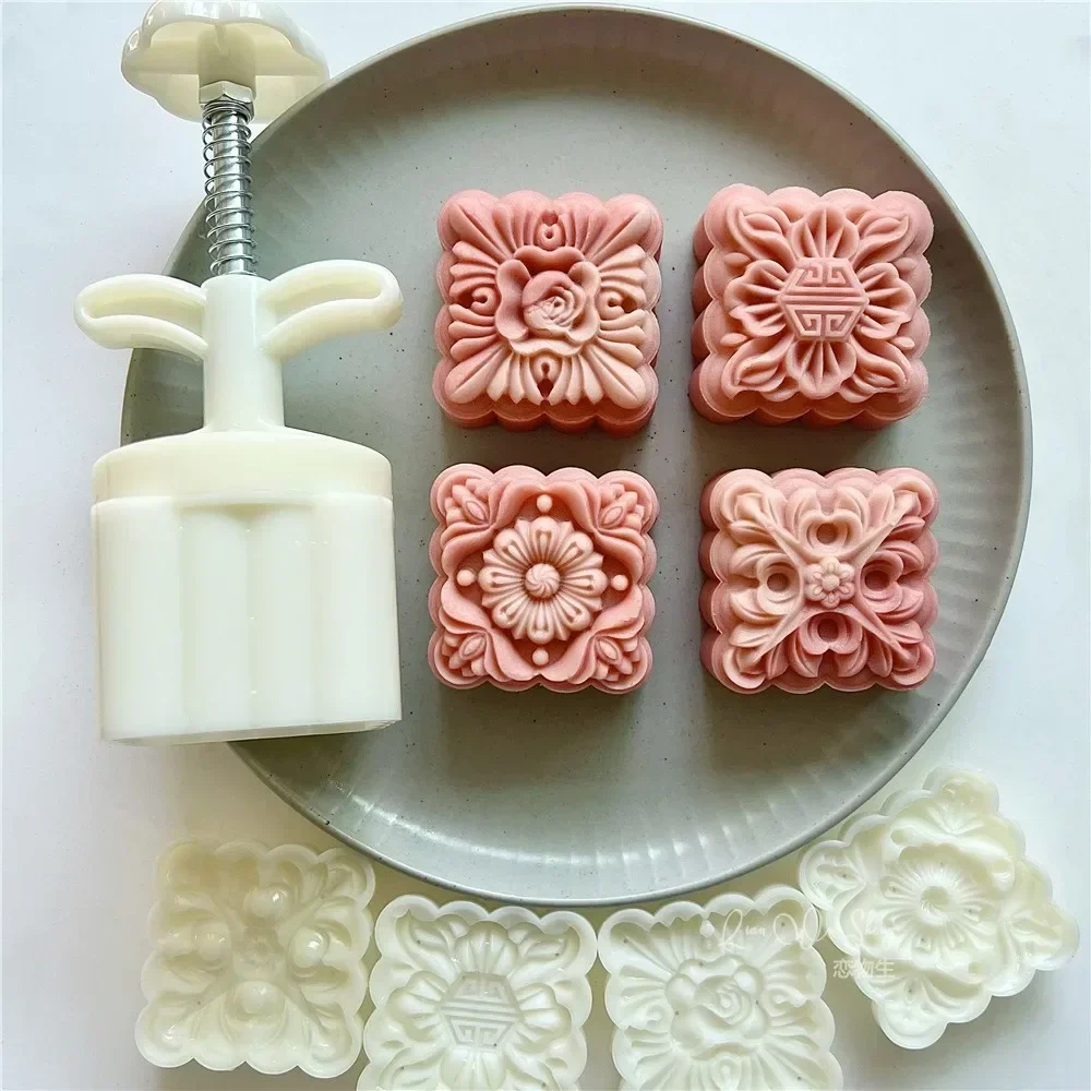 4Pcs/Set 75g Blossom Flower Shape Mooncake Mould Mid-Autumn Festival Mung Bean Cake Mould Square Fondant Cake Decoration Tools