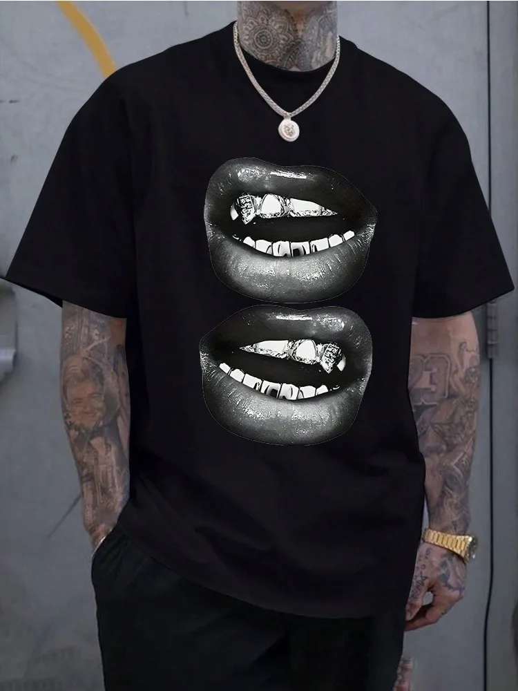 Men Summer Cotton Short Sleeve T Shirt Silver Grillz Two Black Lips Print Crew Neck Hip Hop Retro Street Fashion Male Tee