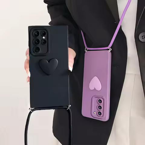 S25ultra S 24 23 22 Crossbody Lanyard Love Heart Case For Samsung Galaxy S25 S24 S23 S22 S21 fe Plus Ultra Cord Silicone Cover