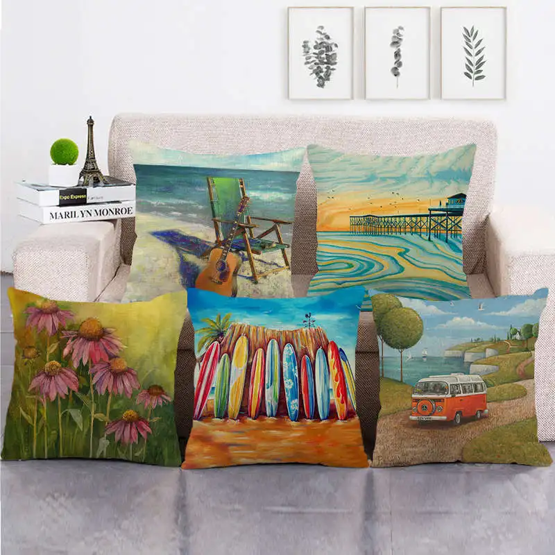 

Vacation Seaside Pillowcase Colorful Oil Painting Pillows Case Decor Home Outdoor Bed Sofa Living Room Pillow Cover Home Decor