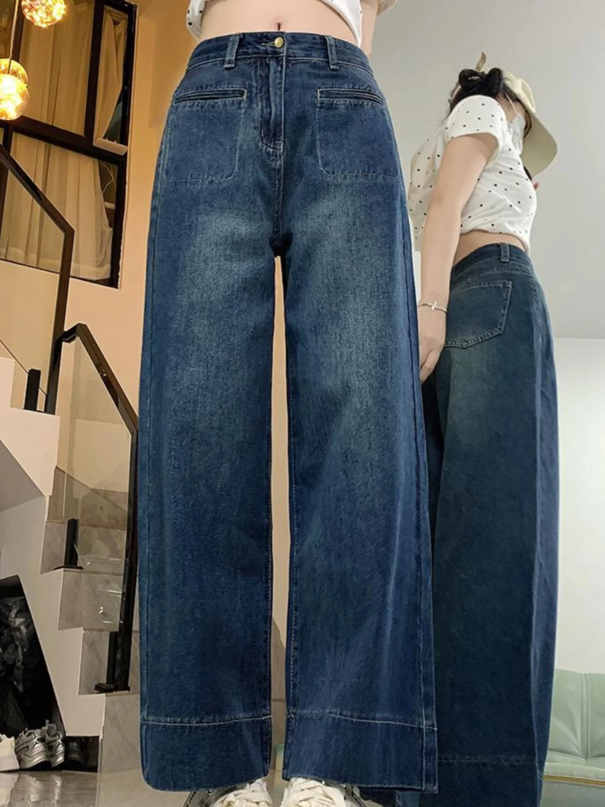 Retro lichtblauwe jeans met hoge taille, wijde pijpen, dames losse pasvorm, rechte snit, lange broek, lente herfst nieuw, plus size