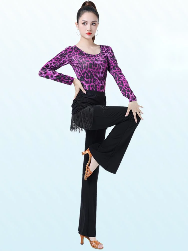 Leopard Ballroom Standard Dance Kawaii Waltz Tops Classical Elegant Women 2023 Jazz Short Figure Skating Latin Tassel Pants 6XL