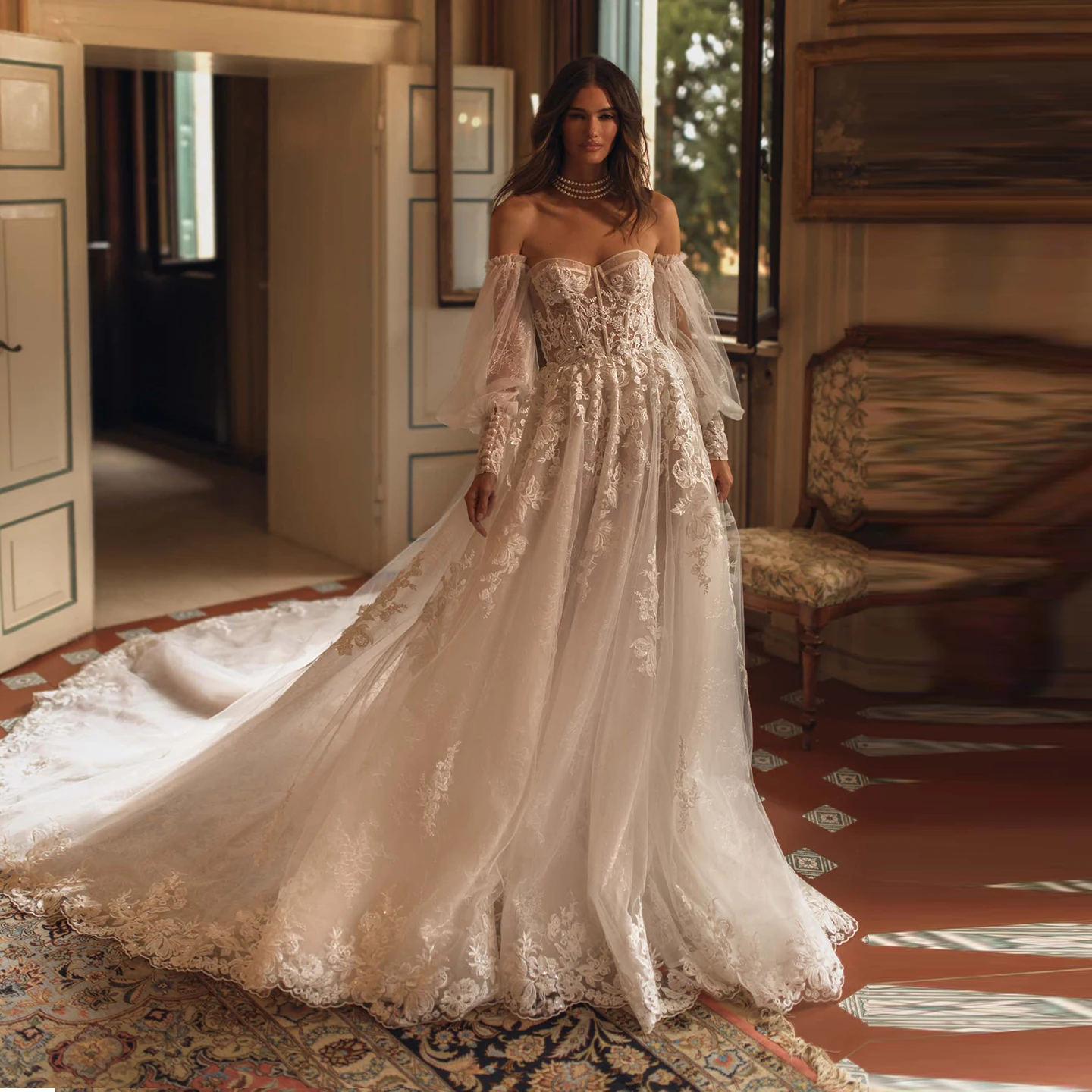 

Sharon Said Boho Elegant Sweetheart A-line Off White Wedding Dress 2025 Vintage Puff Sleeve Tulle Bride Gowns SW208 Customized