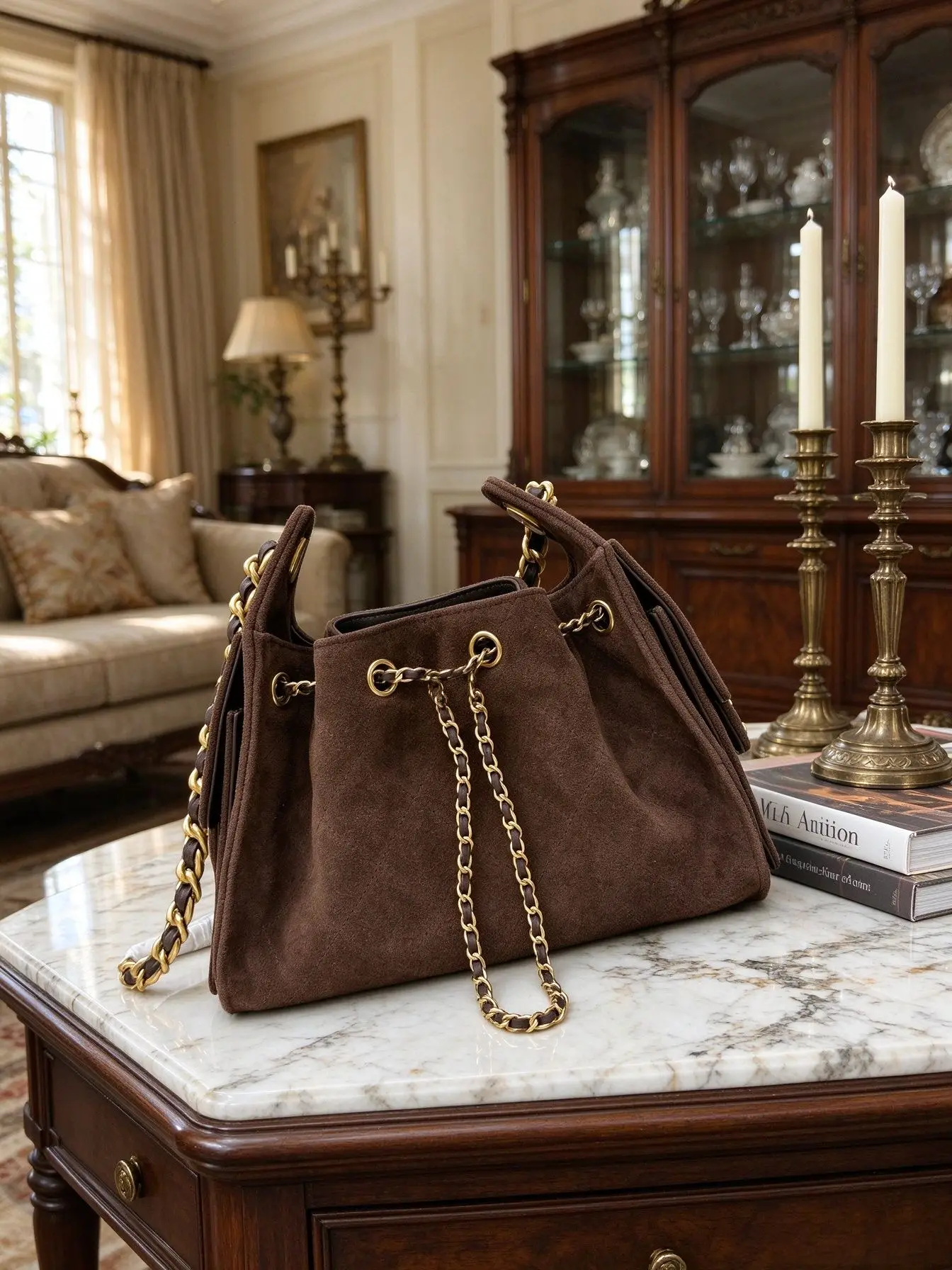 Dark Brown Suede Drawstring Bucket Bag Women Vintage Leather Woven Gold Chain Shoulder Handbag