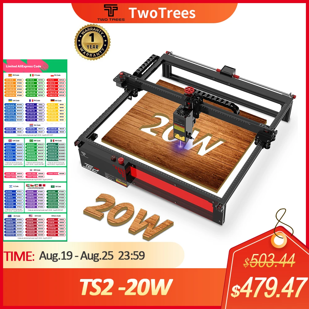 

Twotrees TS2 130W CNC Laser Engraver Auto Focus Laser Engraving Machine Cutting Wood 410x410mm With Flame Detection System