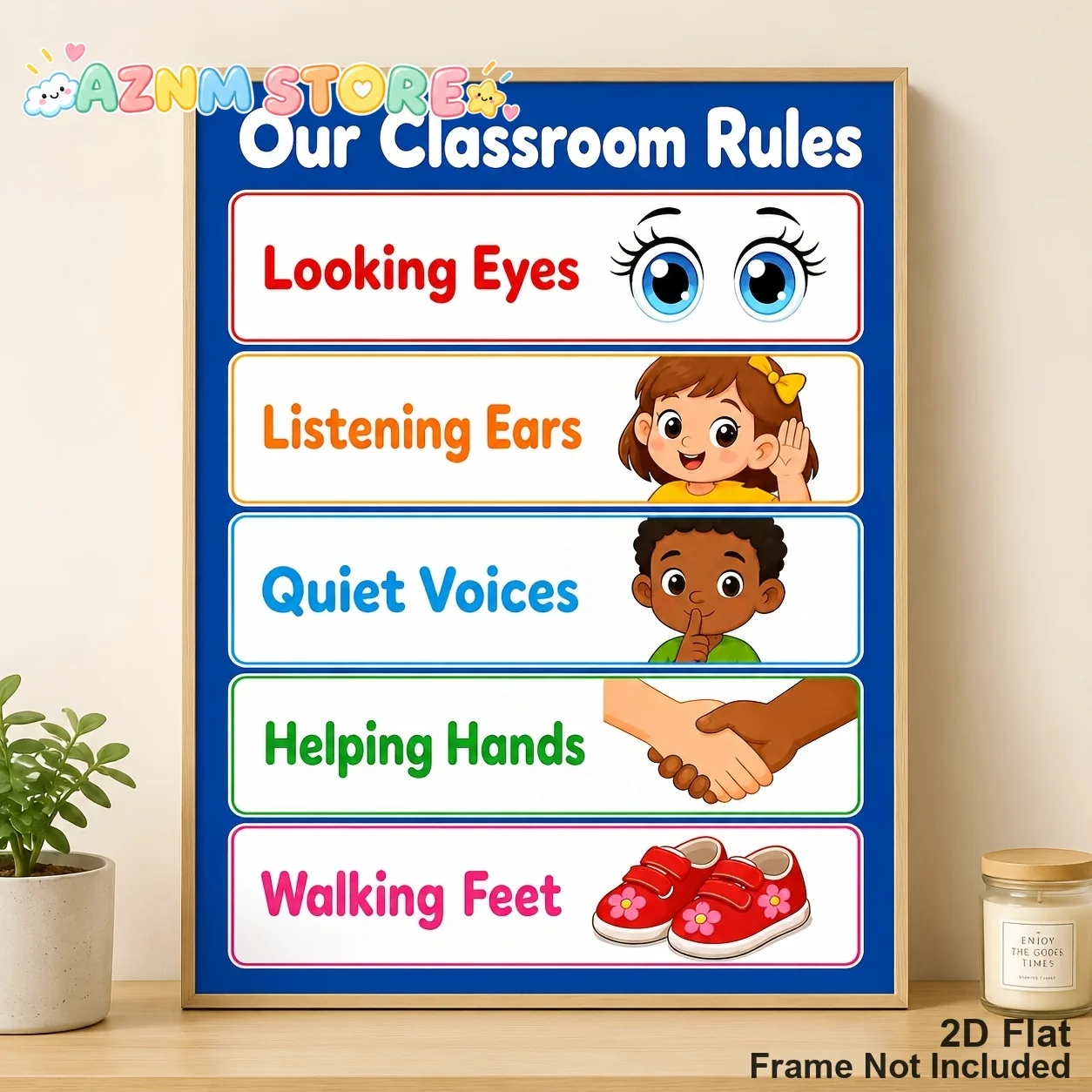 2027Posters And Prints Unframed Canvas Wall Art Cartoon Classroom Rules Looking Eyes Listening Ears Quiet Voices Helping Hand