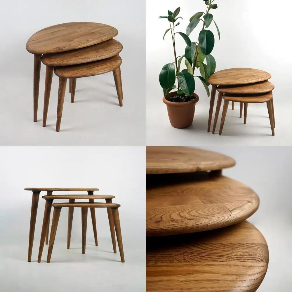 

Mid Century-Inspired Wooden Nesting Tables Set of 3 in Chestnut with Tapered Legs - Retro Style Home Furniture