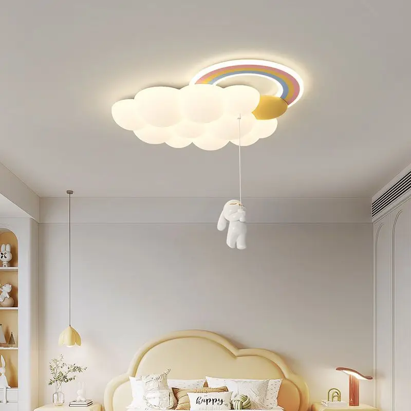 Cartoon Rainbow Chandelier Lights White Cloud Ceiling Lamp Kids Baby Bedroom Chandelier Lamps with Hanging Horse Rabbit Bear