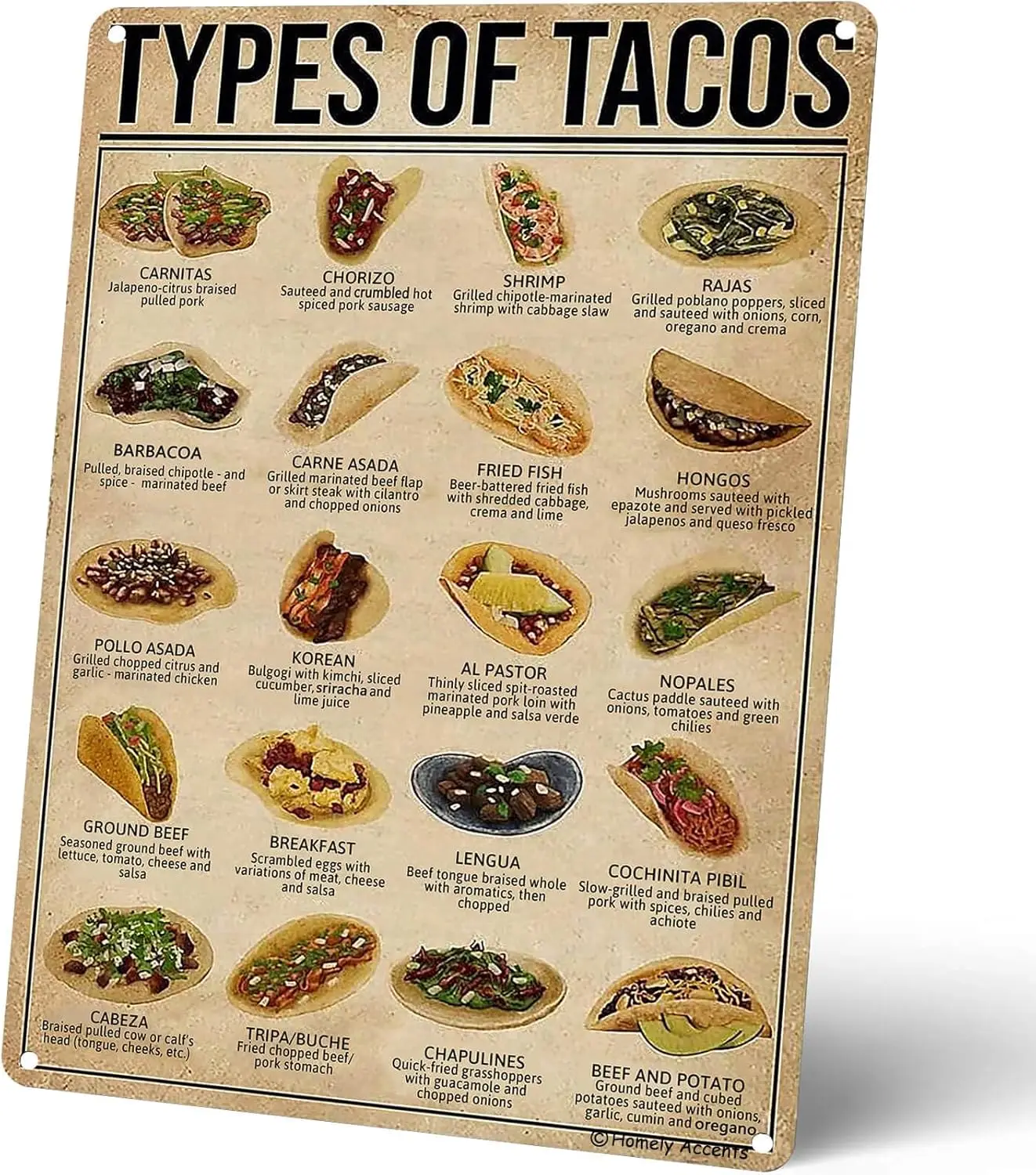 Types Of Tacos Poster Metal Signs, Home Kitchen, Restaurant and Cafe Decor, Vintage Gift for Taco Lovers and Chefs 8x12 Inches T