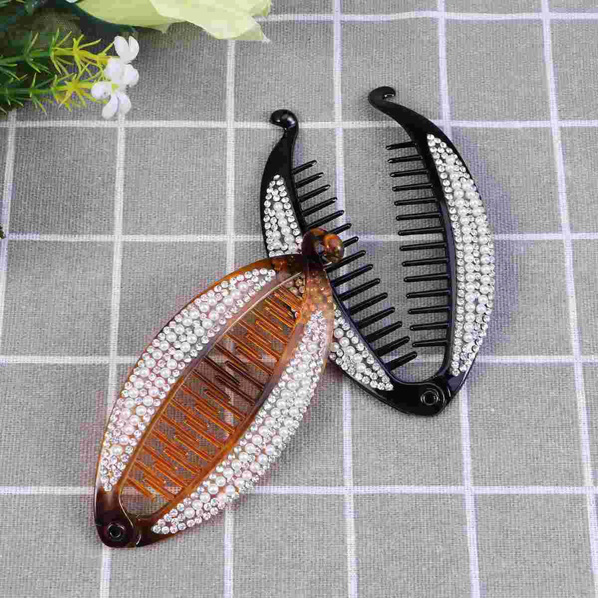 2 Pcs Toothed Hair Clip Updo Ponytail Fine Crystal Holder Banana Claw Pearl Clips