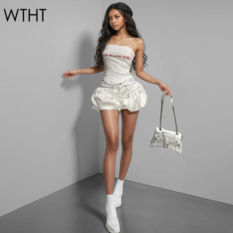 WTHT Trendy Women's Solid Color Multi Zipper Design Shorts 2024 Winter Fashion High Waist Puffy Short Pants Female 1LS615