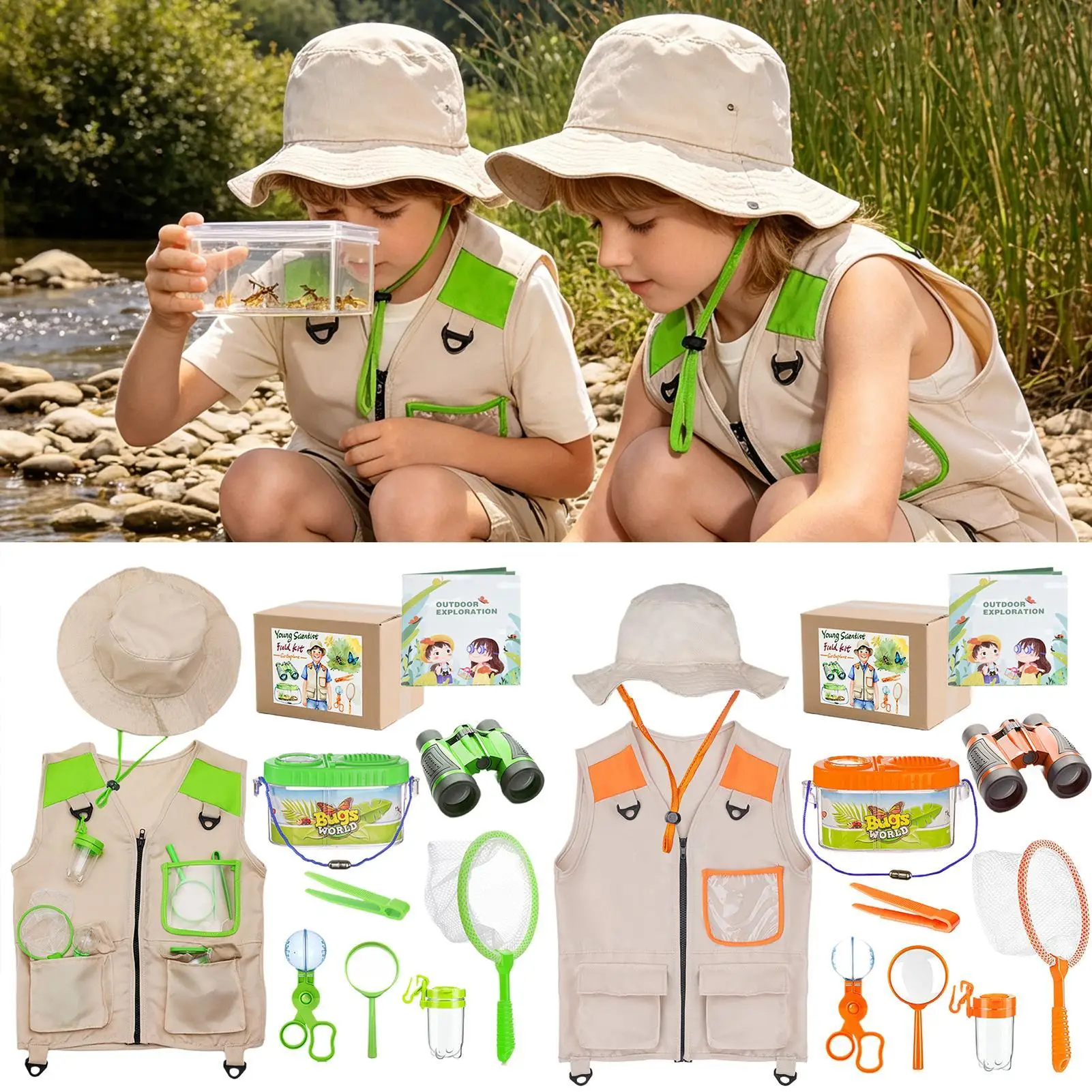 Kids Adventure Kit With Hat Lightweight Breathable Educational Toys Kids Nature Fly Catching Camping Kit For Boys Girls Outdoor