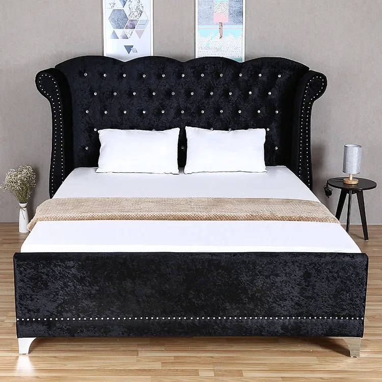 Light luxury pull drill sleigh bed, large size, bedroom bed Dutch velvet velvet bed Comfortable double bed