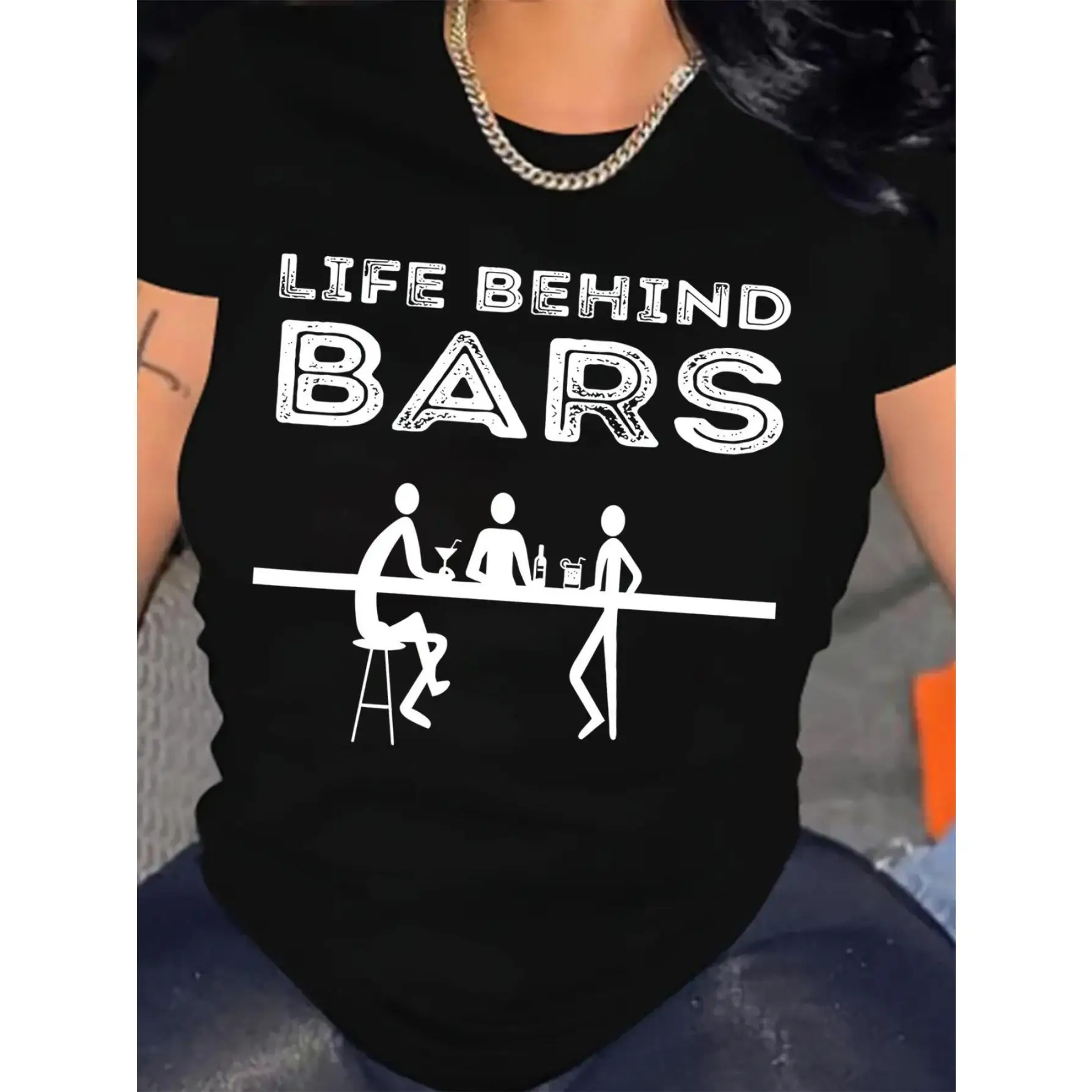 

Funny Life Behind Bars Graphic T-Shirt Unisex Minimalist Humor Cotton Tee for Bartenders, Party Lovers or Friends Gift