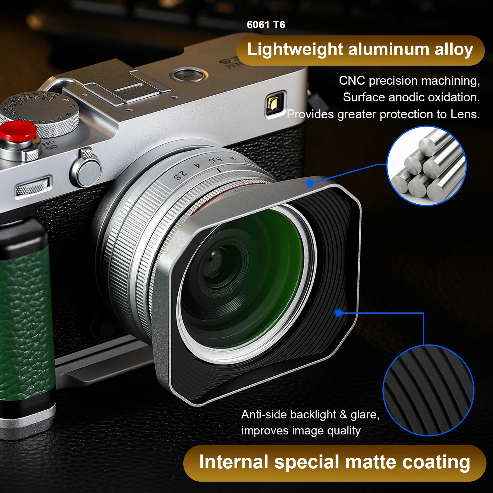 غطاء عدسة Haoge Squaret المعدني لعدسات Fujifilm XF23mm F2.8 وFuji XF27mmF2.8 R WR، مع غطاء معدني على جسم XE5 Cemera فضي