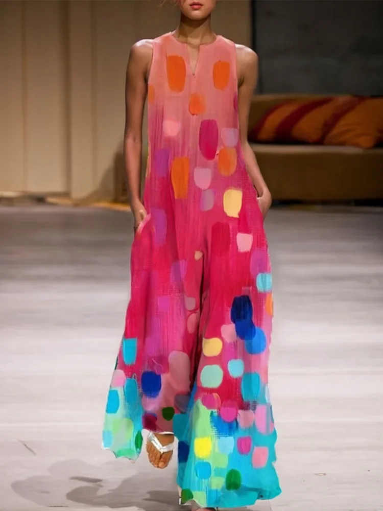 

UOOZEE 2025 New Summer Sleeveless Jumpsuits For Women Fashion Multi-color Printed Loose Going Out Casual Wide Leg Outfits