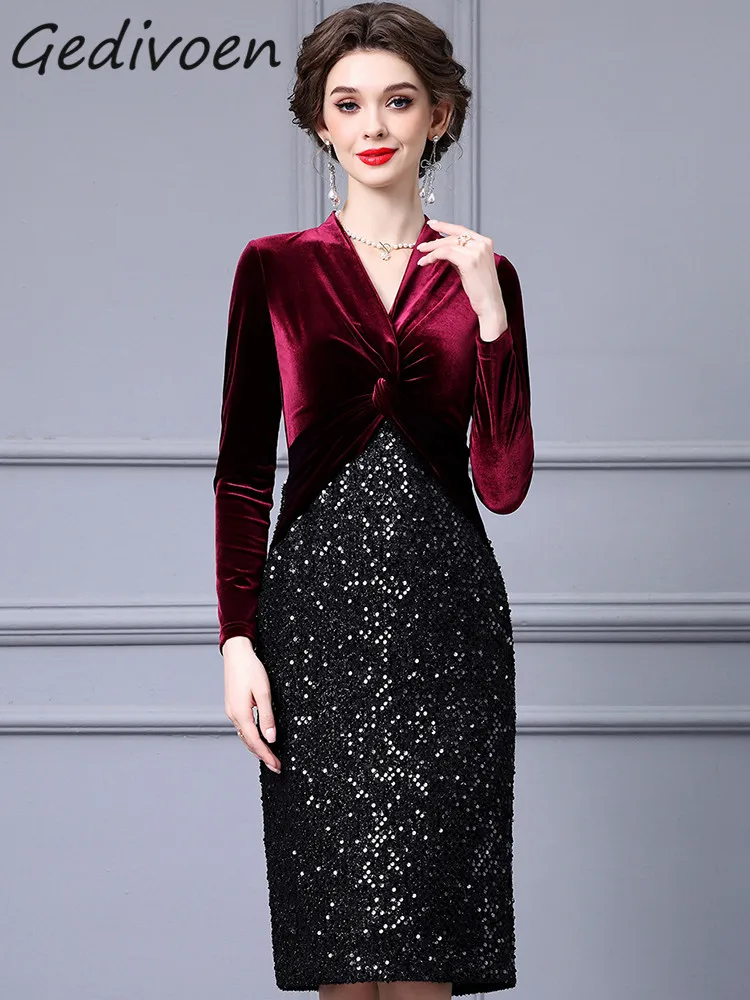 

Gedivoen Autumn Fashion Designer Luxury Hit Color Dress Women's V Neck Sequins High Waist Slim Package Buttocks Slit Long Dress