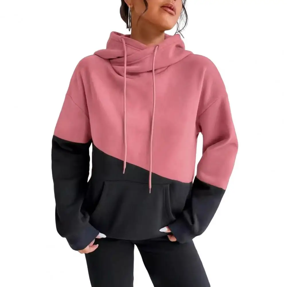 Autumn Winter Hoodie Pocket Hoodie Colorblock Drawstring Hoodie with Big Pocket for Women Warm Winter Sport Fitness Top