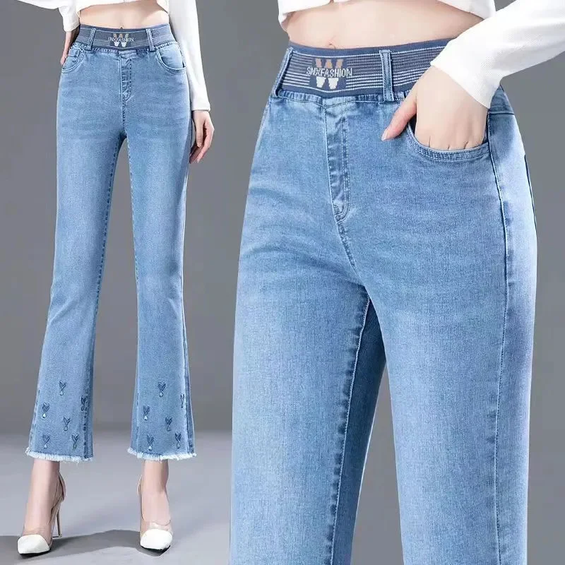 

Слегка расклешенные укороченные джинсы с высокой талией для женщин весна-осень-лето 2025 новые прямые брюки с эластичной резинкой на талии для женщин